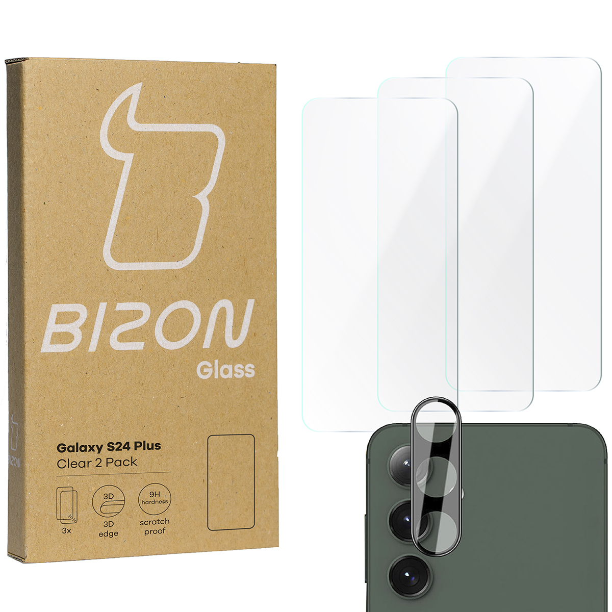 Szkło hartowane Bizon Glass Clear - 3 szt. + obiektyw, Galaxy S24 Plus